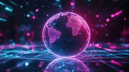 Futuristic Global Communication Design Featuring a Holographic Globe with Illuminated Network Paths in Vivid Gradients