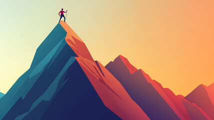 Pinnacle achiever: abstract mountain summit with a climber reaching the top, symbolizing reaching goals and milestones. Pinnacle. Illustration