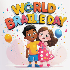 World Braille Day lettering, carton cheerful boy and girl image