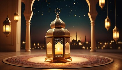 Golden Ramadan Lantern Illuminated Night Cityscape Warm Glow