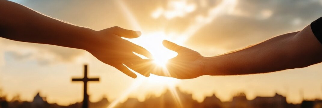 A Powerful Symbol of Connection and Hope Hands Reaching for One Another Against a Beautiful Backdrop of Light and Faith, Signifying Unity, Support, and Togetherness Among All of Us