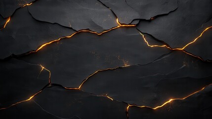 An abstract image featuring a dark surface with luminous golden fissures illuminating the cracks, creating a dramatic and visually striking artistic composition.