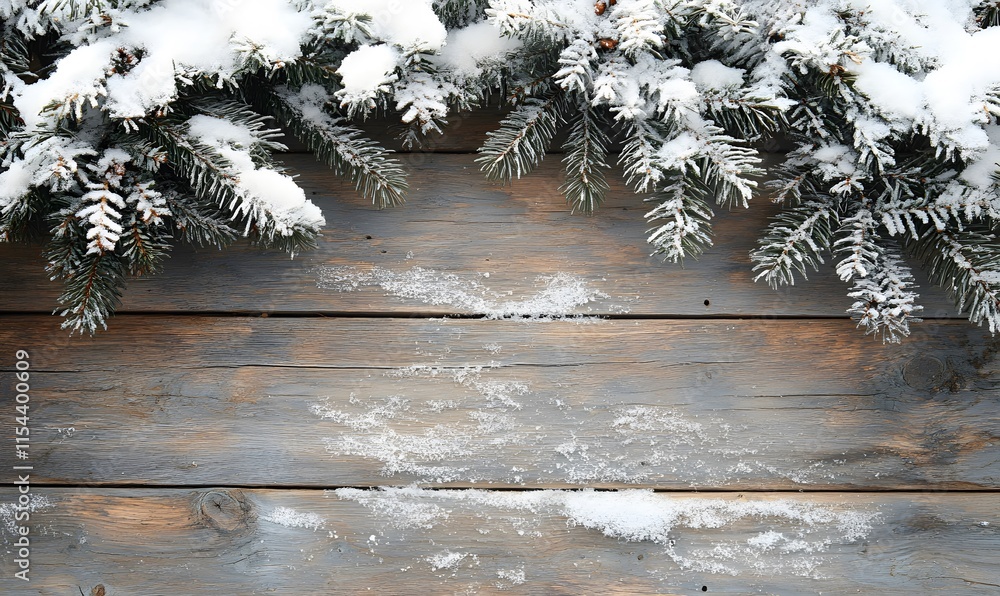 Poster old timber with snow and fir tree branches in a rustic winter setting