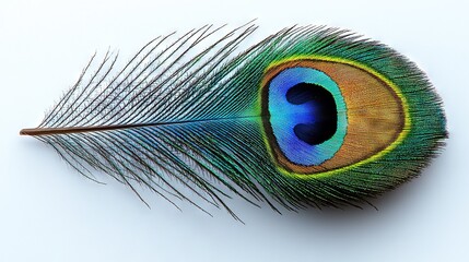 Naklejka premium a peacock's feather on white background with reflection of its tail