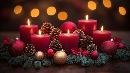   A group of red candles is perched atop a wooden table, surrounded by Christmas ornaments and pinecone cones