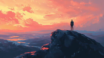 Business concept, wide angle view of a one single businessman standing on the top of a mountain, observing the land downthere. Pinnacle. Illustration
