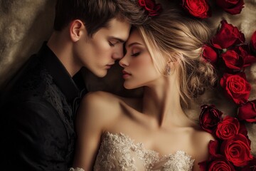 Fototapeta premium Background in red shades for Valentine's Day. A love story. beautiful couple in love, romance, passion, tenderness, kisses, love