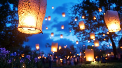 Lanterns illuminate a twilight gathering, creating a magical atmosphere.