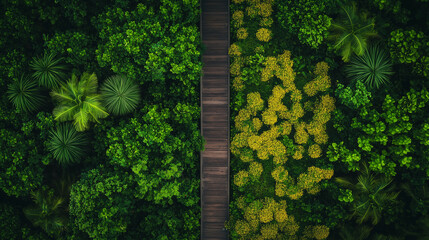 Aerial View of Lush Jungle with Wooden Pathway, Hiking Trail Board Walk, Top Down, Journey Path, 