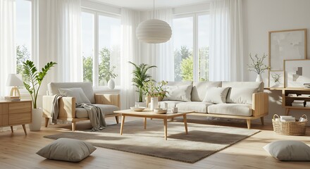 Modern Minimalist Living Room Interior Design Light Wood Furniture Cozy Decor