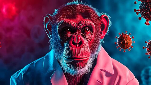 In a vibrant lab setting, a monkey in a lab coat surveys the COVID-19 virus with curiosity. The scene blends science and creativity, presenting a unique take on research and discovery.