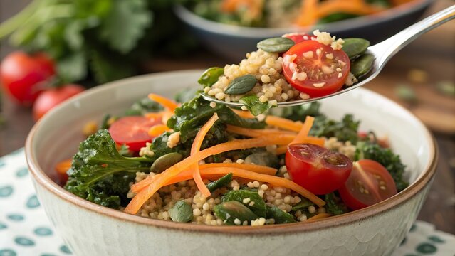 Fresh baby kale and quinoa salad served in a bowl with cherry tomatoes and shredded carrots during a healthy meal - Powered by Adobe