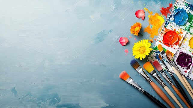   A collection of paintbrushes rests atop a table alongside a palette of paint and an array of blooms