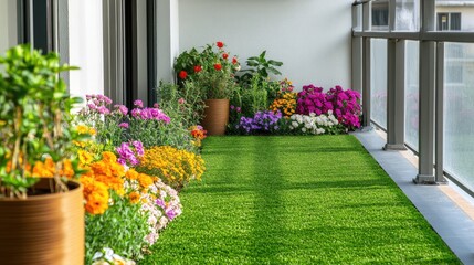 Fototapeta premium Vibrant Flower Garden on Balcony with Artificial Grass Flooring