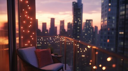 Cozy Urban Balcony with Twinkling Lights at Sunset Over Cityscape