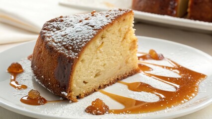 Delicious baba au rhum cake served with caramel sauce and garnished with powdered sugar on a plate