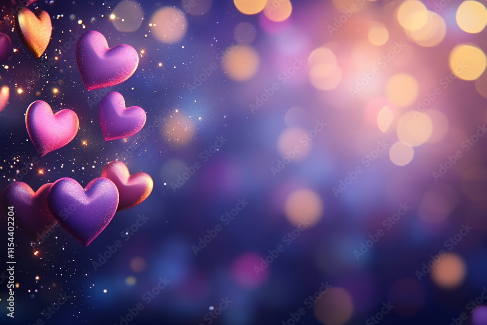 Poster a dreamy background featuring floating hearts and bokeh lights.
