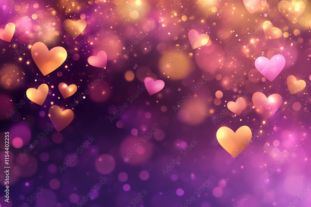 Poster a vibrant background of floating hearts and bokeh lights.
