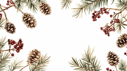 Fototapeta premium Festive christmas frame. conifer branches with cones are decorated with artificial red berries. frame isolated on white background, space for text, top view. overlay background. Pinnacle. Illustration