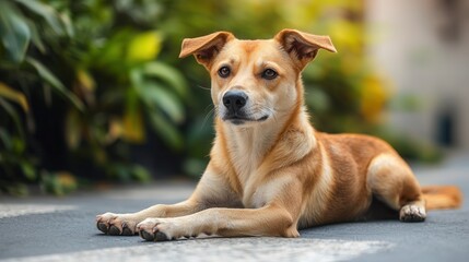 Obraz premium Street dog resting at busy crossroads urban environment animal photography daytime