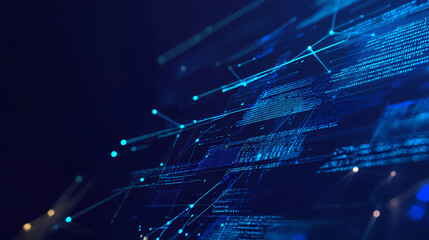 Obraz premium Illustration of code compiling like the matrix background from top down, blue colored lines, dark background. Pinnacle. Illustration