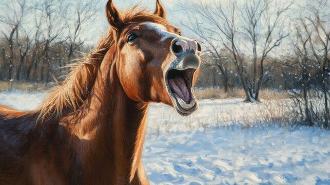 Caballo relinchando en la nieve