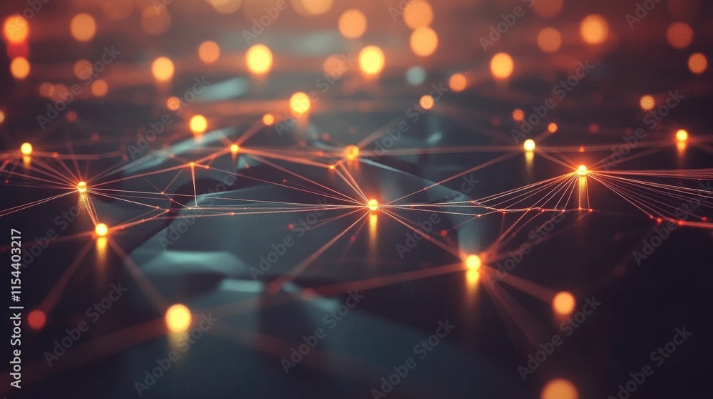 Poster abstract network connections with light particles and geometric shapes