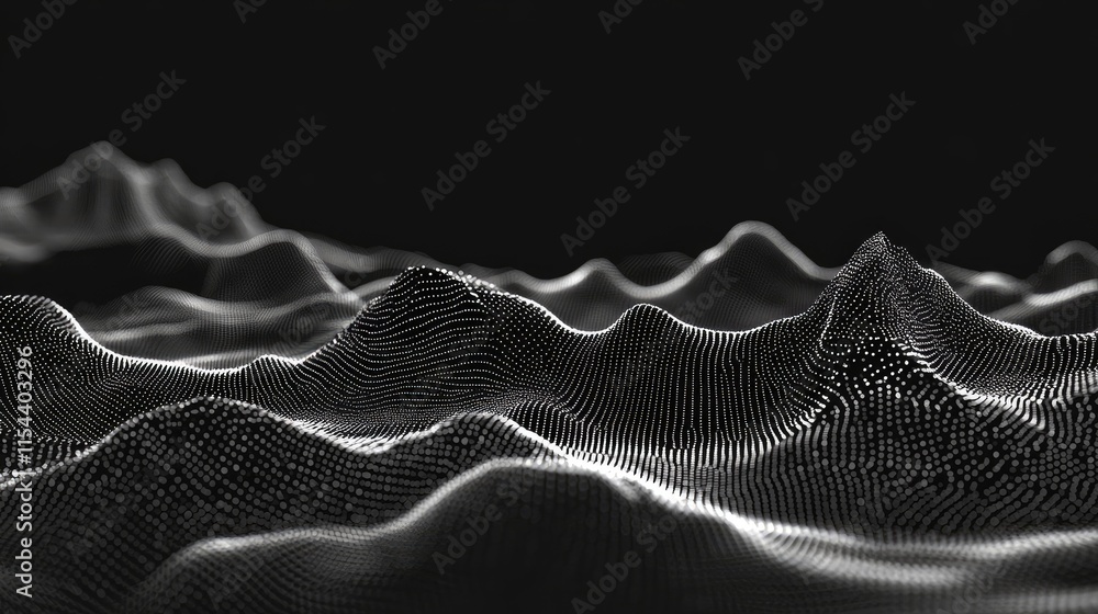 Poster abstract black and white landscape with dots and curves in depth