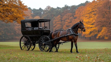 Horse-drawn carriage in autumn park.