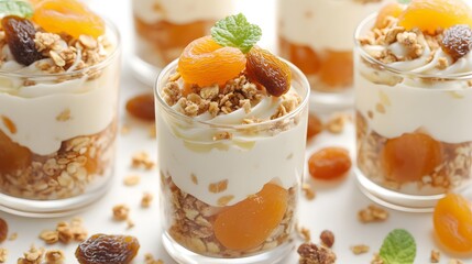 Delicious parfait layers of creamy yogurt, crunchy granola, and sweet dried apricots.  Garnished with fresh mint, a perfect healthy and visually appealing treat.