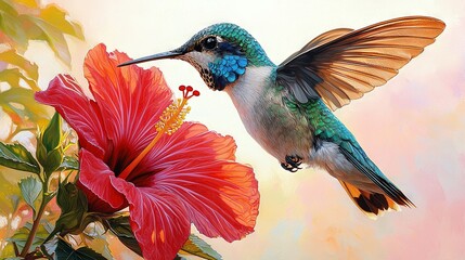 Naklejka premium Hummingbird in foreground with flower in background