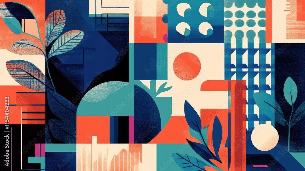 Poster abstract geometric art with colorful shapes and leaf patterns