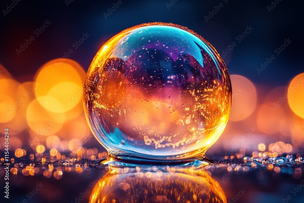 Poster a colorful bubble reflecting light and surrounded by a soft bokeh background.