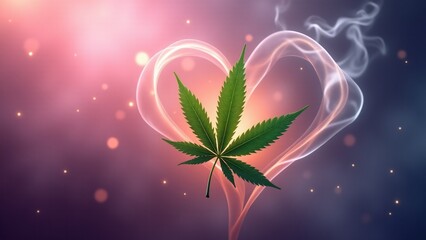 Dreamy cannabis leaves shaped as hearts in curling luminous smoke, glowing softly with sparkles on a gradient background of pink and purple hues.