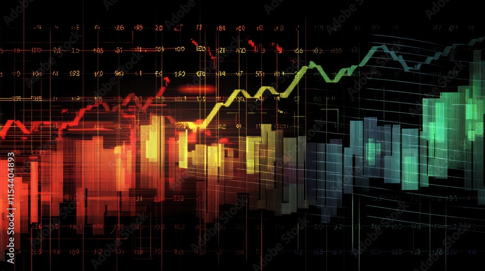 Poster colorful abstract data visualization with line and bar graphs