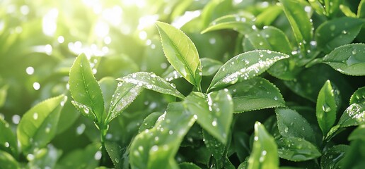 Obraz premium Close-up of fresh green leaves with water droplets, illuminated by sunlight.