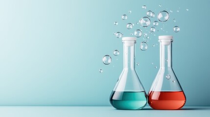 Two clear flasks are filled with green and red liquids, exuding clouds of bubbles against a vivid blue backdrop, representing contrast and dichotomy in scientific pursuit.