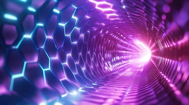 Abstract Neon Tunnel with Hexagonal Patterns and Vibrant Lights