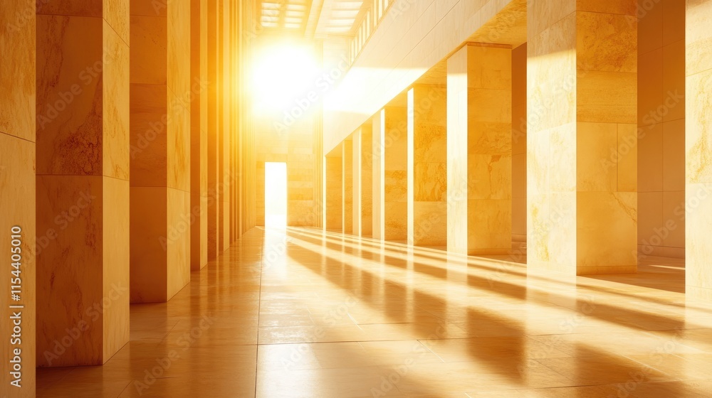 Poster sunlight streaming through modern architectural space with columns