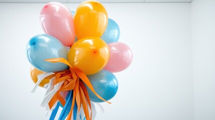 A cluster of balloons in shades of orange, blue, and pink with decorative ribbons hangs centrally, set against a plain background, providing a lively, festive vibe.