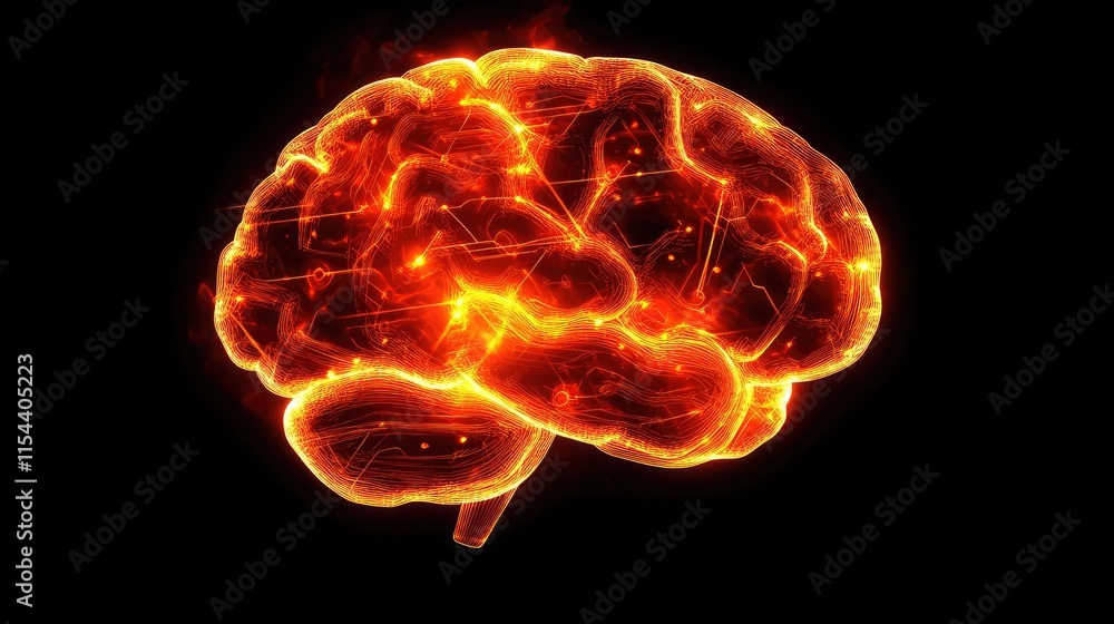 Poster glowing brain visualization with abstract electric patterns and lines