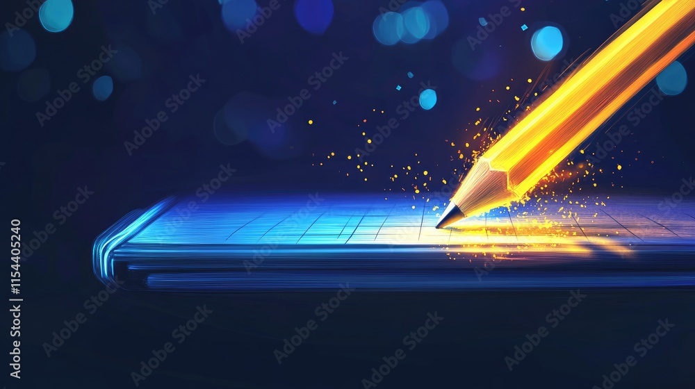 Poster bright pencil creating sparks on open notebook with bokeh background