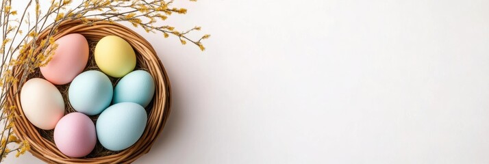 A collection of colorful Easter eggs is beautifully arranged in a woven basket, which is surrounded by delicate and charming spring twigs, creating a visually appealing celebration of the season