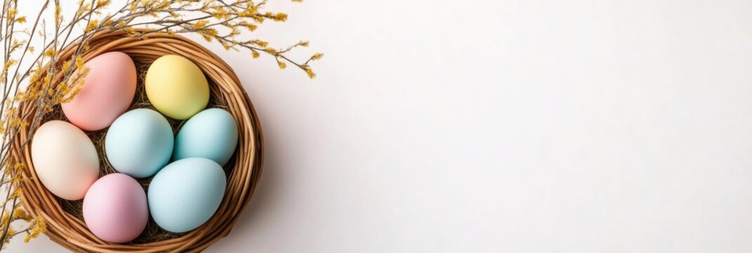 A collection of colorful Easter eggs is beautifully arranged in a woven basket, which is surrounded by delicate and charming spring twigs, creating a visually appealing celebration of the season