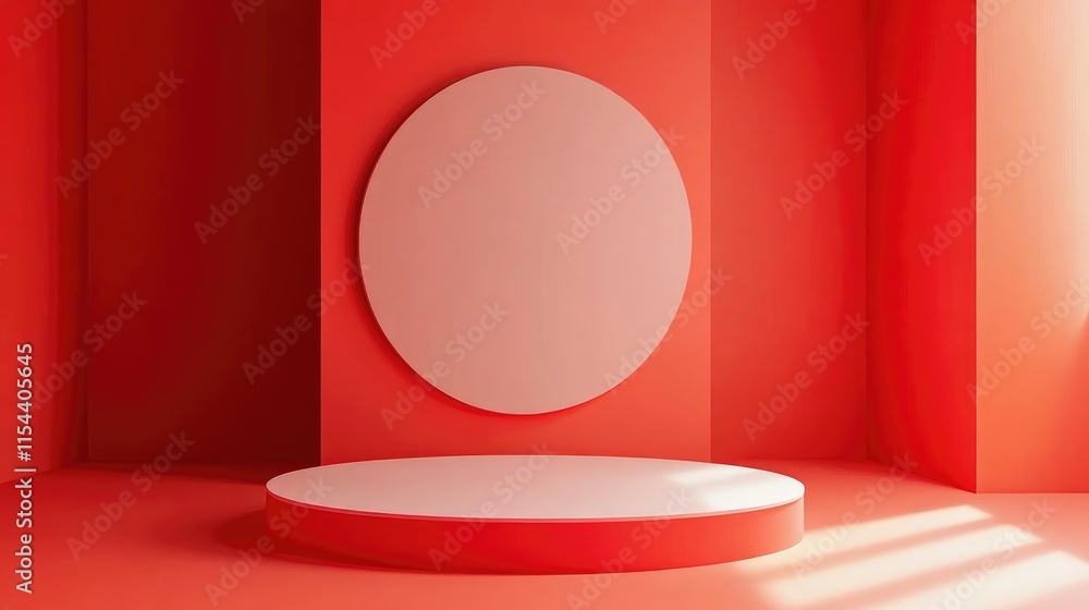 Poster minimalist red interior with circular display and soft lighting