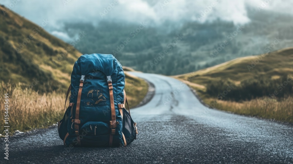 Poster backpack resting on a winding road surrounded by lush hills on an overcast day. generative ai