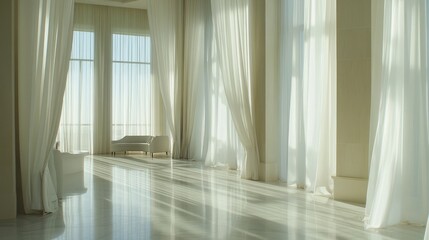 Fototapeta premium Bright and Airy Interior with Sheer Curtains and Elegant Furniture