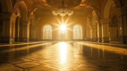 Golden Light Illuminating An Elegant Hallway With Vintage Charm