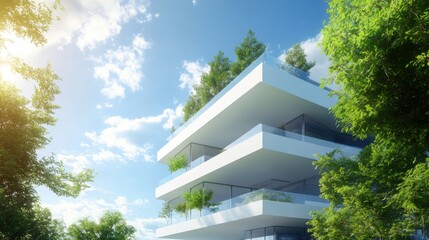 Edificio moderno con balcones y vegetación