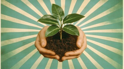 Hands holding a young plant sprout with soil against a retro sunburst background.